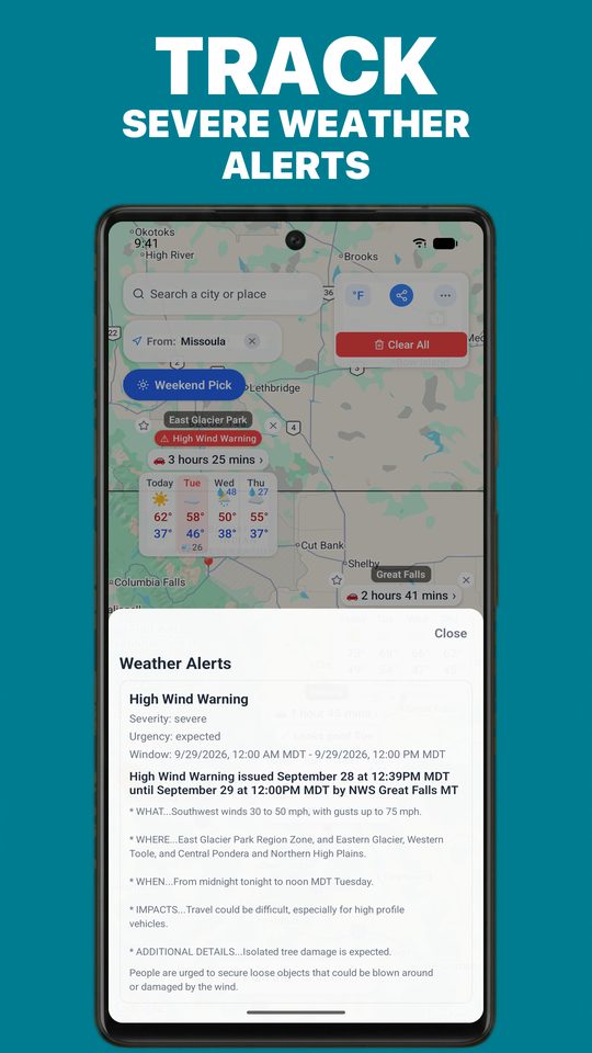 A high wind warning on the map