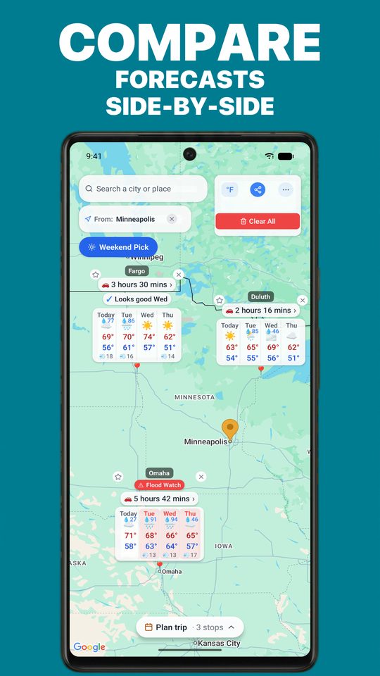 WeatherRoam comparing the forecast for several destinations on one map