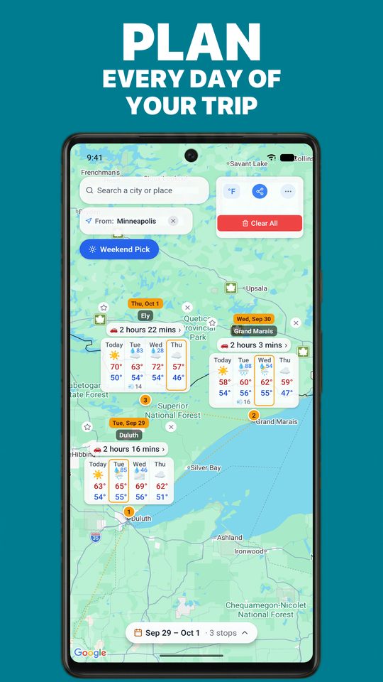 A three-day trip plan in WeatherRoam on Android, with a forecast for each stop