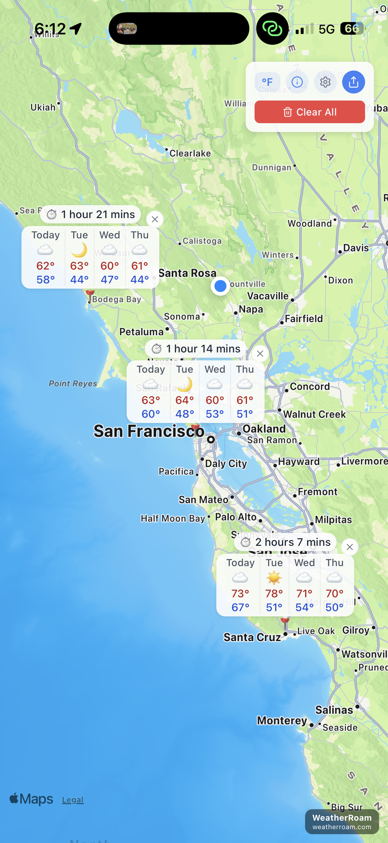 WeatherRoam map view with pinned destinations in California